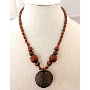 Ethnic Statement Necklace Brown Wood Beads and Seed Pendant Boho Vintage